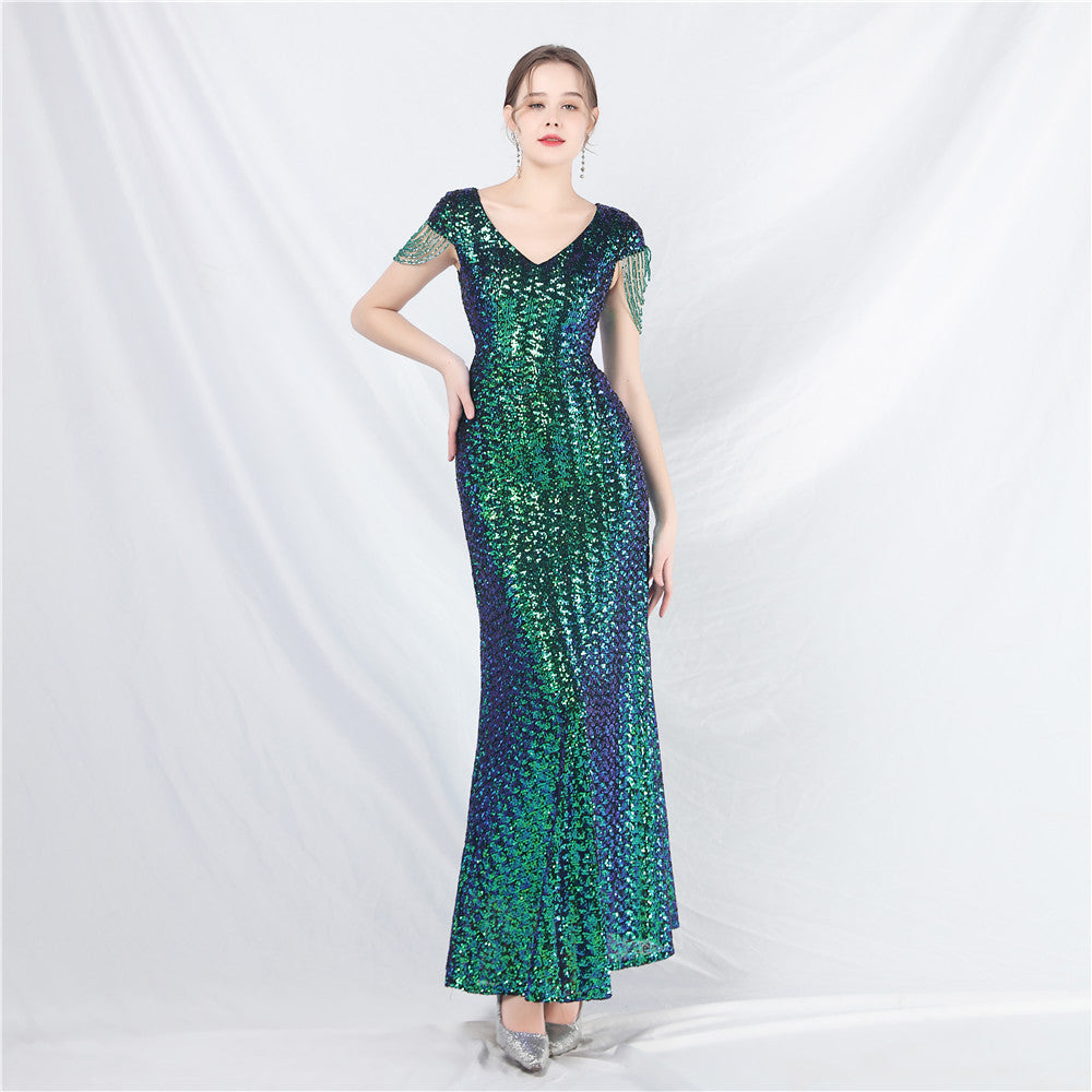 luxury beaded sequins long A-line evening dress 9