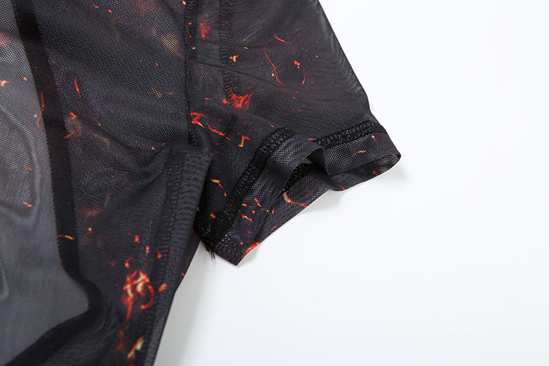 Women Summer Street Trend Mesh See-Through Print Backless Jumpsuit 33