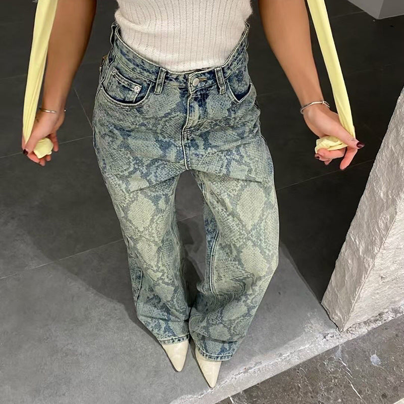 Women Street Snake Print Casual Denim Trousers 4