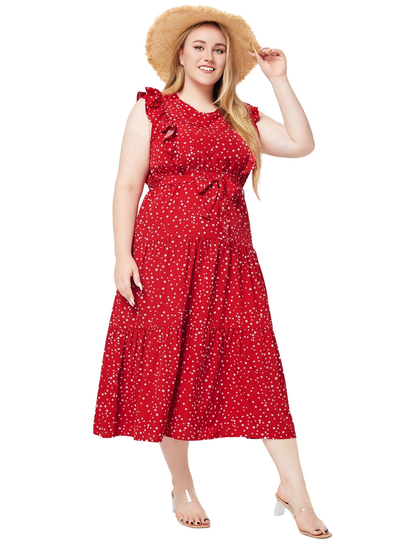 Plus Size Women Summer Round Neck Ruffle Sleeveless Polka Dot Dress 4