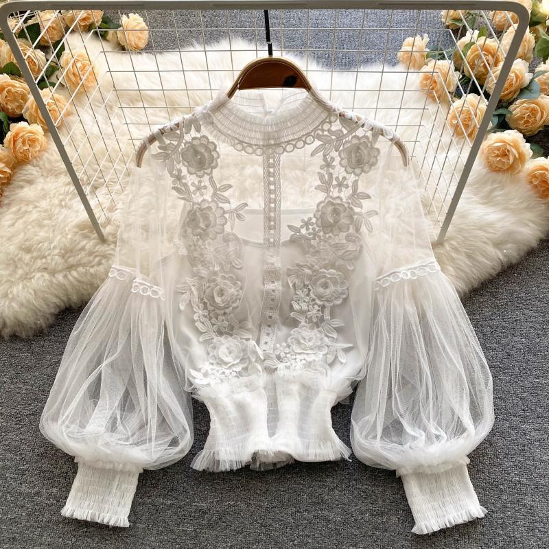 Women Flowers See-Through Mesh Lantern Sleeves lace crop Top
