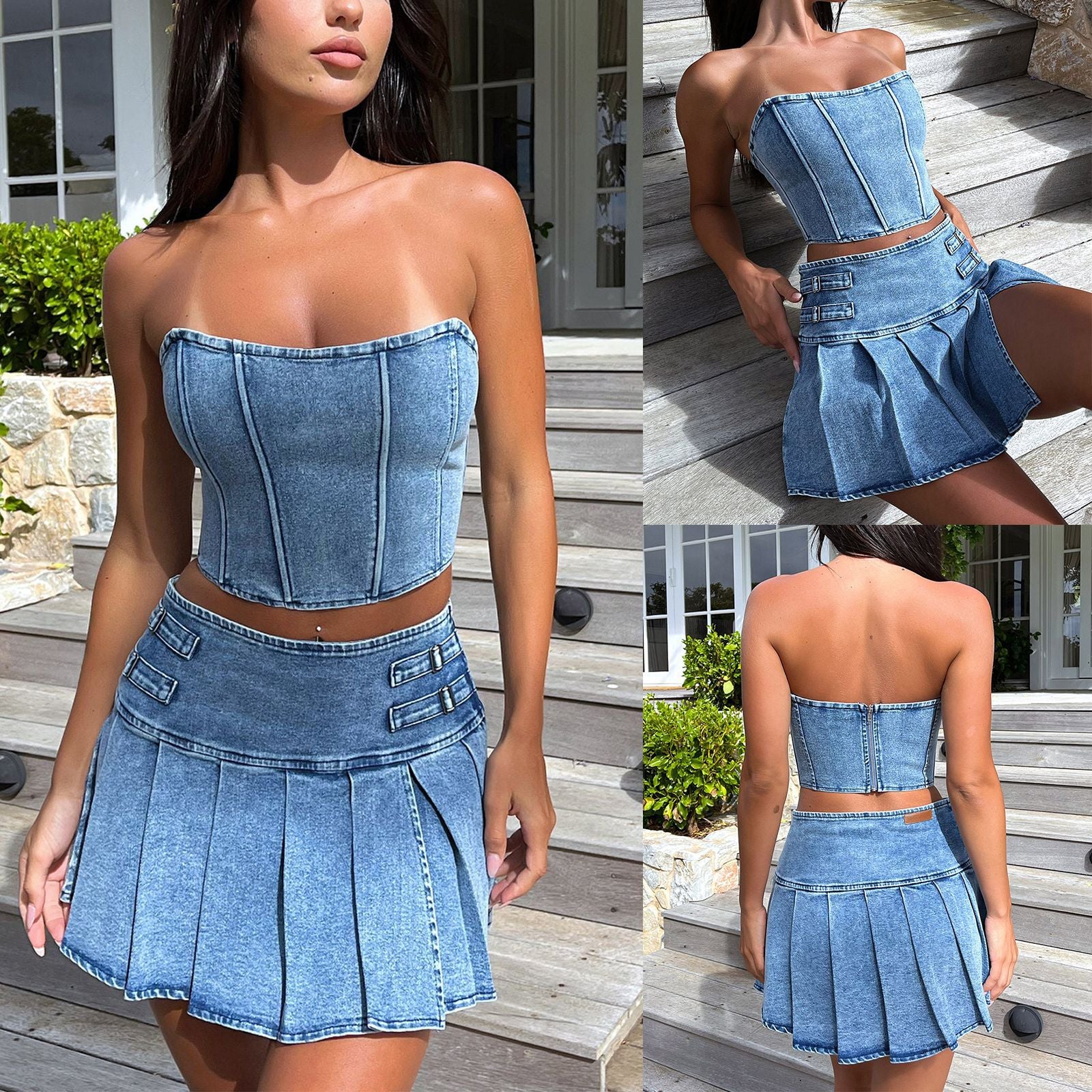 Summer Strapless Denim Suit Sexy Strapless Crop Vest High Waist Split Pleated Skirt Two Piece Set 3