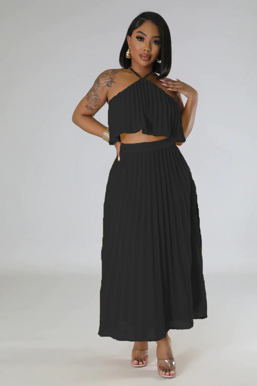 Women Summer Casual Solid Sleeveless Pleated Lace-Up Pleated Skirt 5