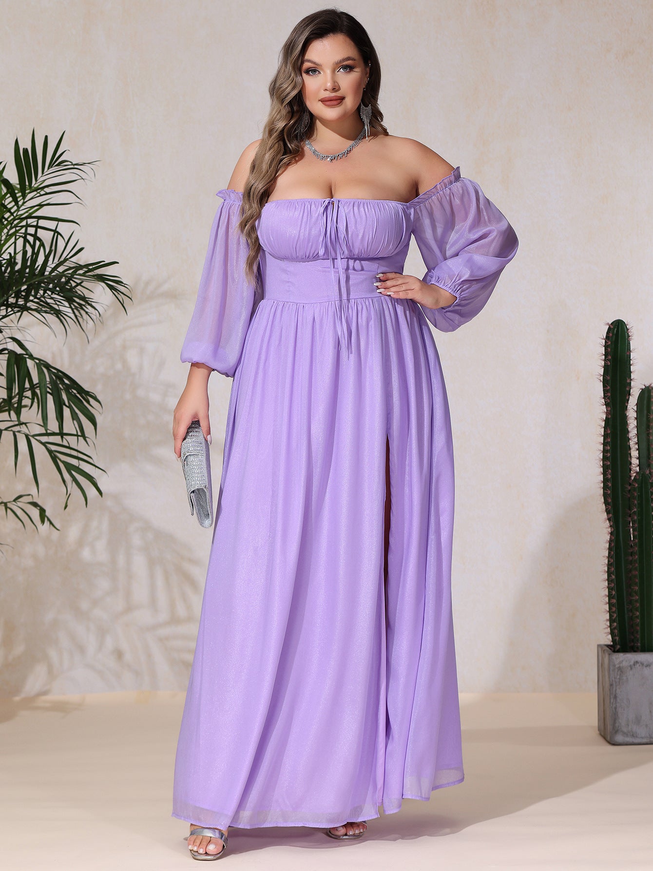 Plus Size Women Chiffon Off Shoulder Strapless Sexy Lace Puff Sleeve Dress 4