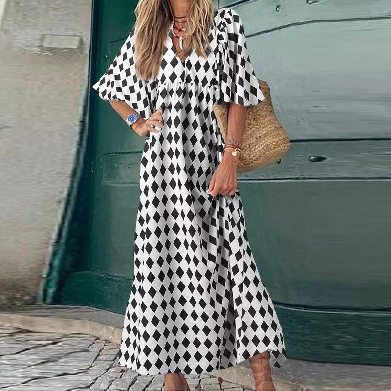 Women Summer Geometric Patch Puff Sleeve Dress 21