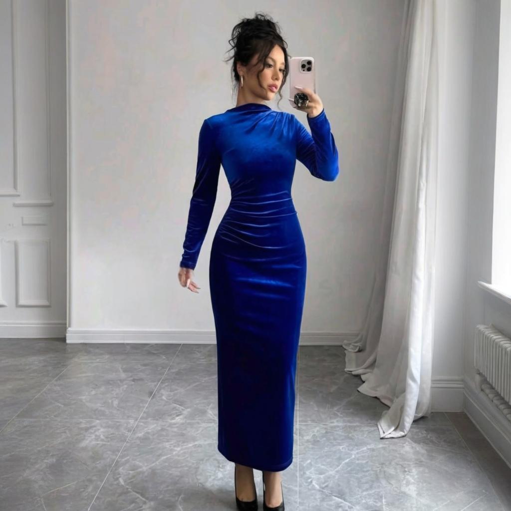Women's Chic Solid Color Long Sleeve Slim Midi Dress 10
