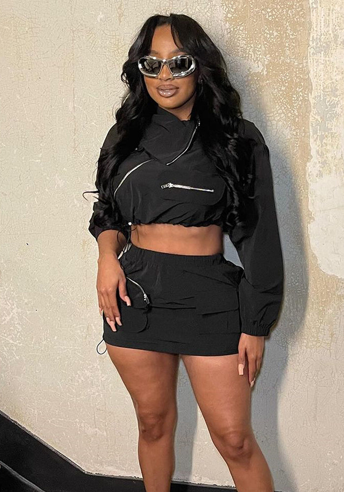 Long Sleeve Cargo Zip Jacket Short Skirt Set
