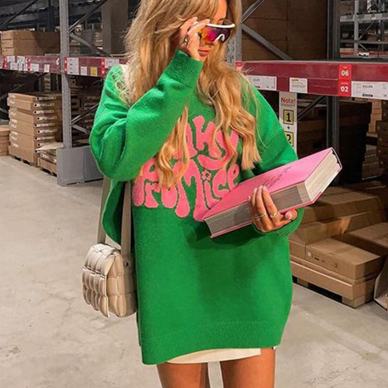 Winter Round Neck Long Sleeve Letter Pattern Jacquard Knitting Sweater Pullover Women's Clothing 3