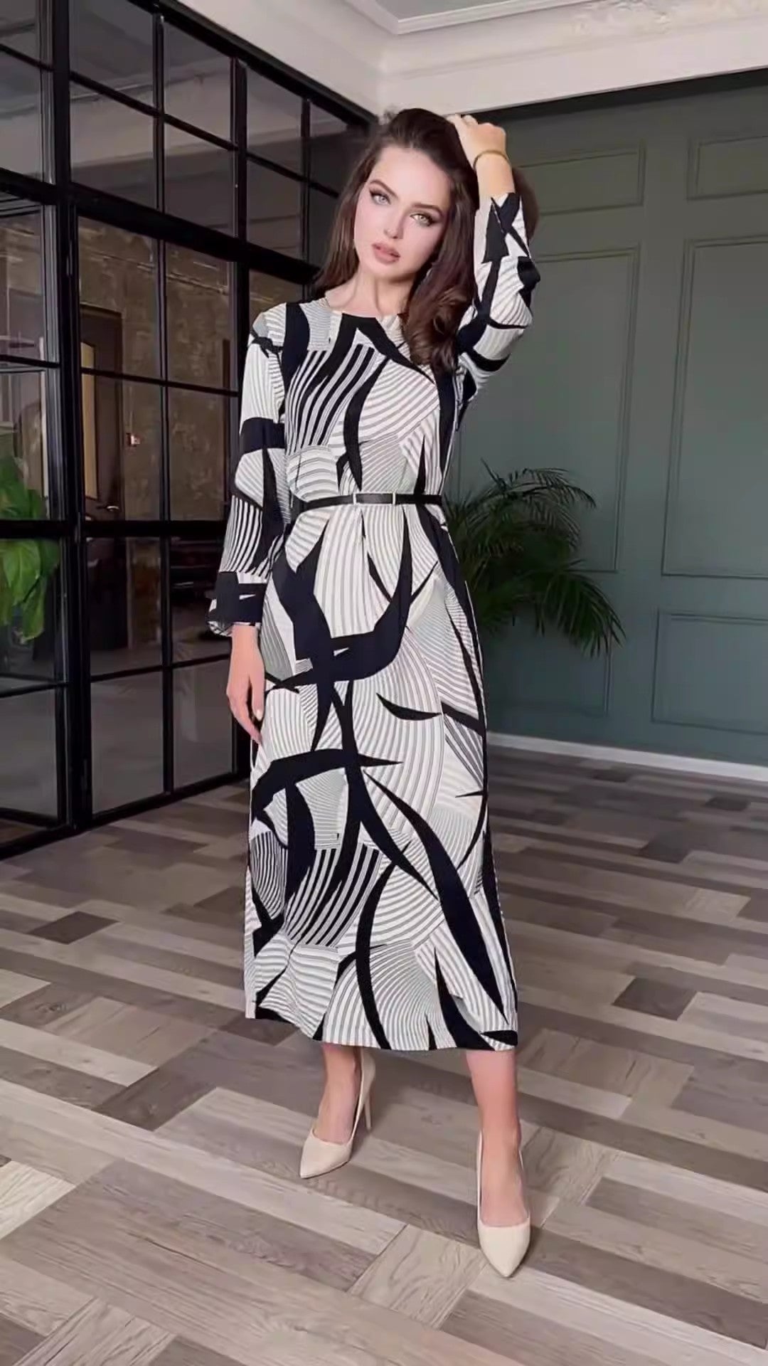 Women's Autumn Fashion Chic Elegant Printed Long Sleeve Split Midi Dress 3