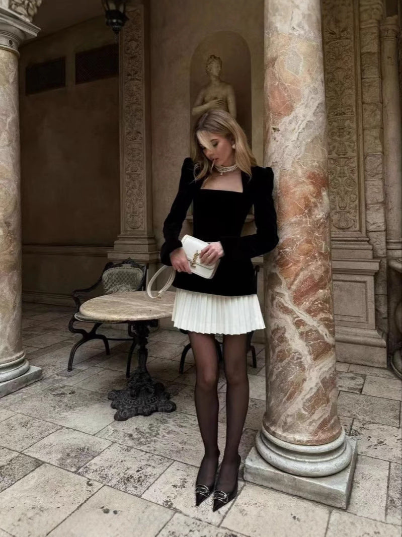 Women Square Neck Colorblock Pleated Velvet Dress 6