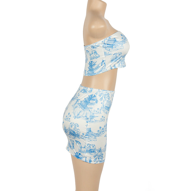 Summer Sleeveless Printed Strapless Top Slim Fit Bodycon Skirt Women's Set 12