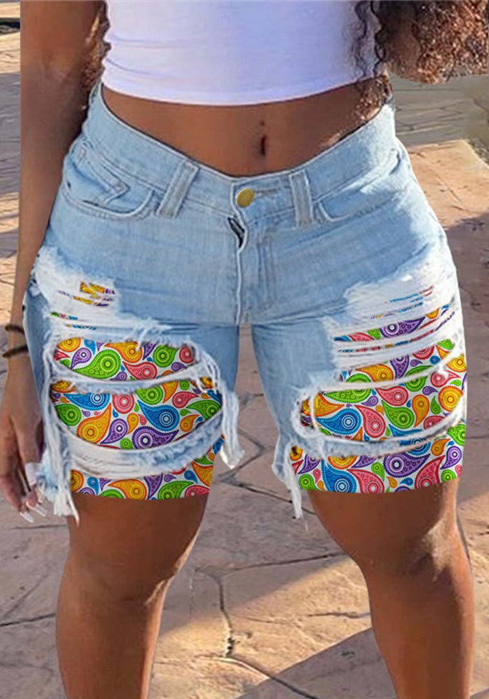 Spring Summer Patched Ripped Mid Women's Denim Shorts