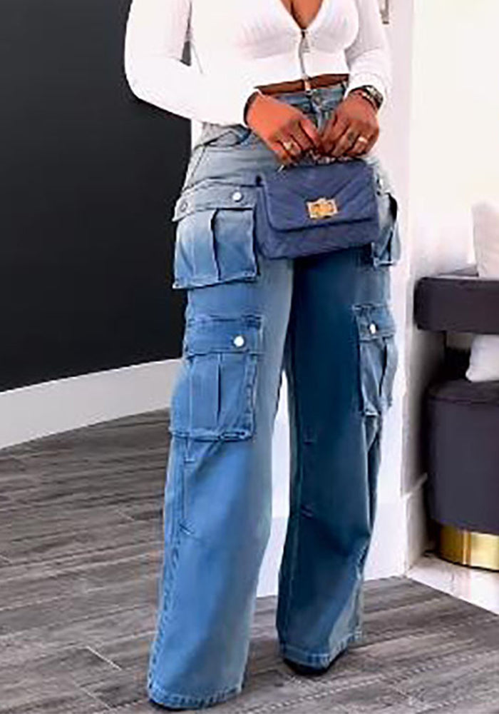 Women's High-Waist Multi-Pocket Gradient Denim Wide-Leg Pants
