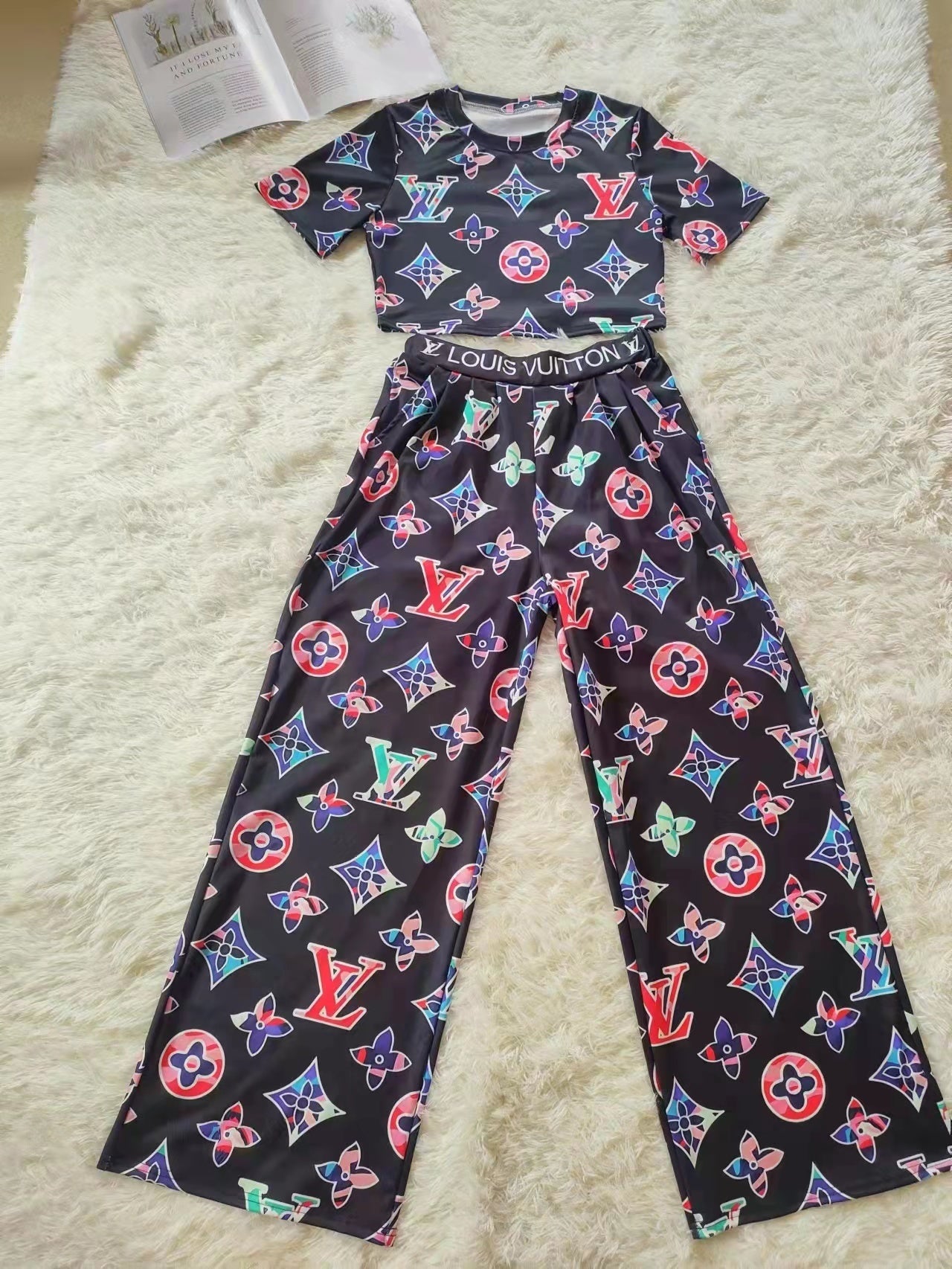 Women's Summer Sexy Short Sleeve Wide Leg Two-Piece Pants Set 9