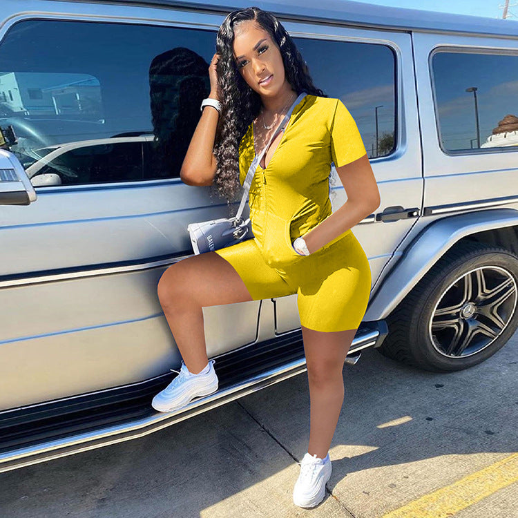 Women Summer Casual Solid Zipper Top and Shorts Two-Piece Set