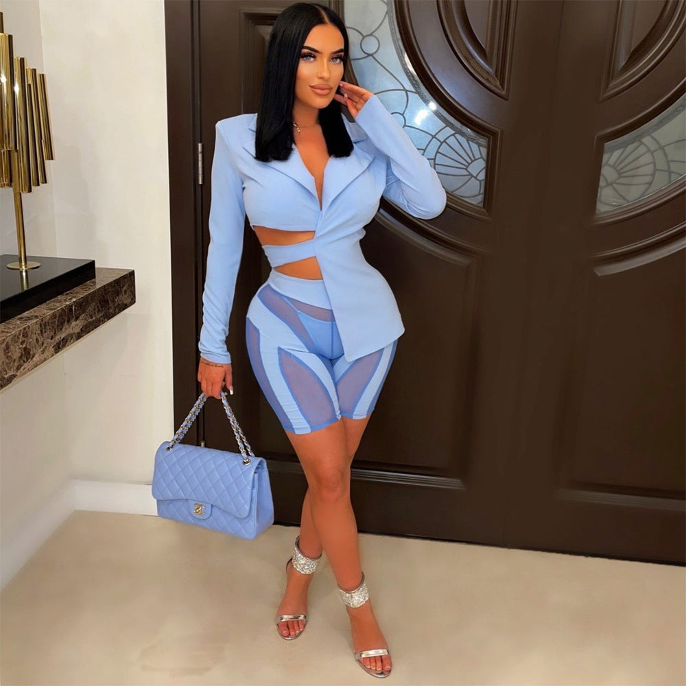 Sexy Women's Suit Solid V-Neck Top Back Lace-Up Pants Mesh Patchwork Set 7