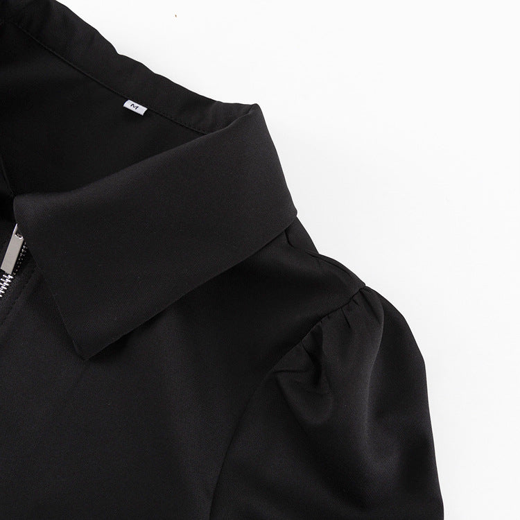 Women's Fashion Turndown Collar Zipper Long Sleeve Black Dress 12