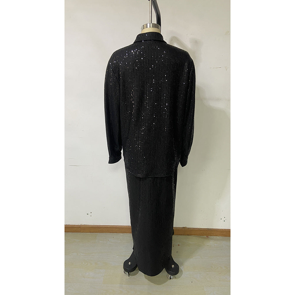 Autumn Winter Fashion Sexy Long Sleeve Sequin Nightclub Party Skirt Set 9