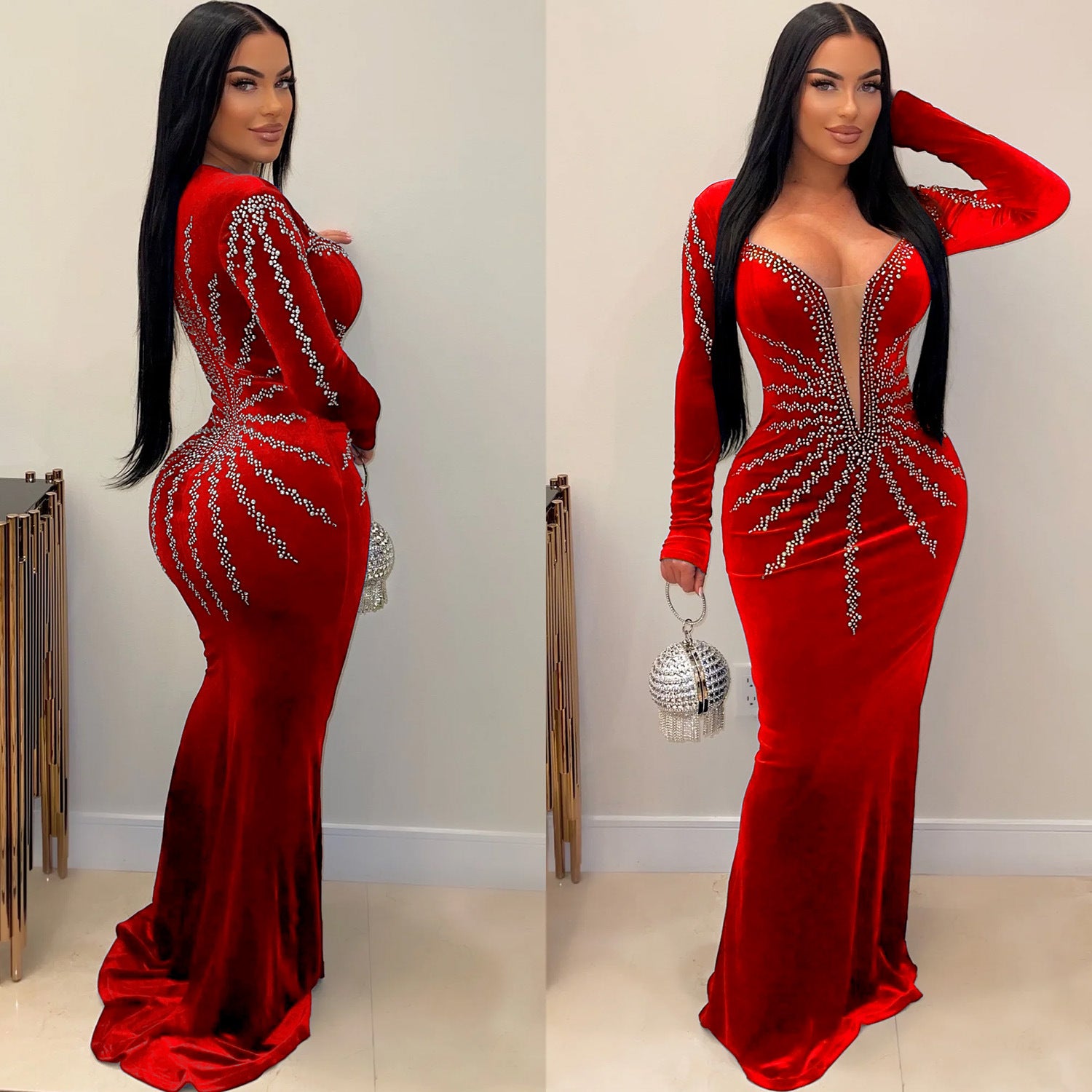Women Sexy Party Long Sleeve Beaded Fishtail Dress 4