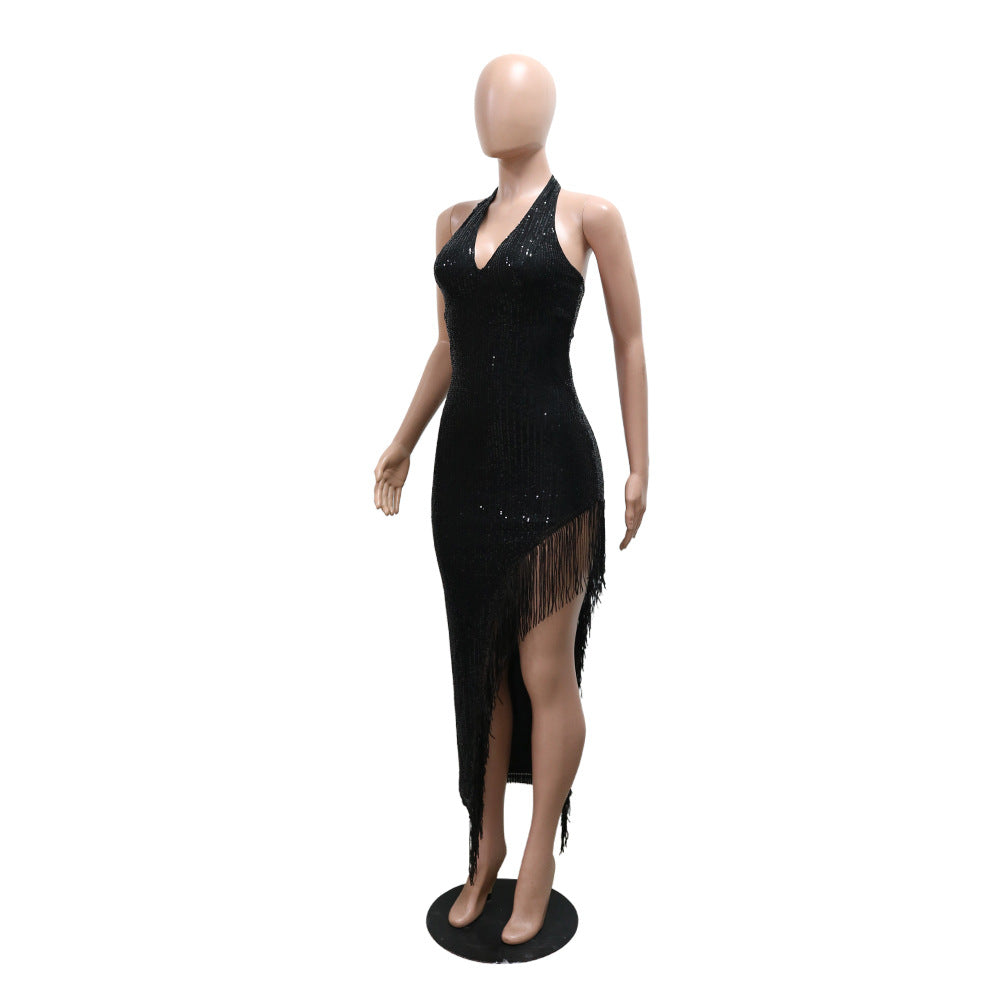 Halter Neck Deep V Tassel Sleeveless Sexy Irregular Sequin Party Dress 7