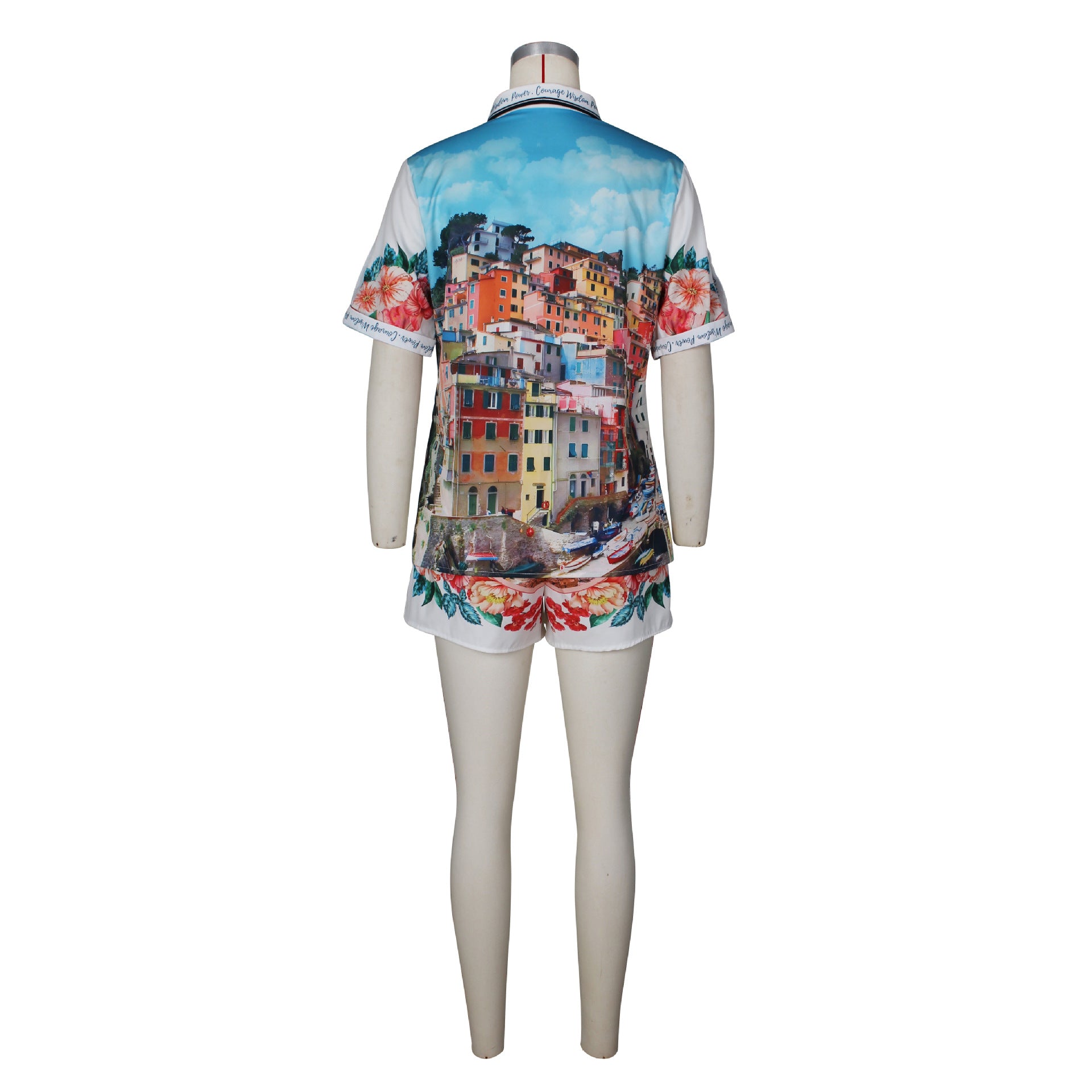 Women’s Print Short Sleeve T-shirt & Shorts Color-Block Holiday Casual Set 15