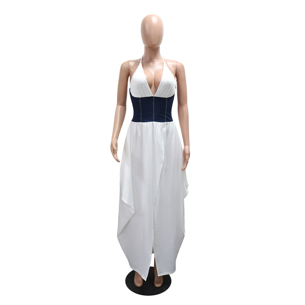 Women Slit Irregular Patchwork V-neck Dress 14