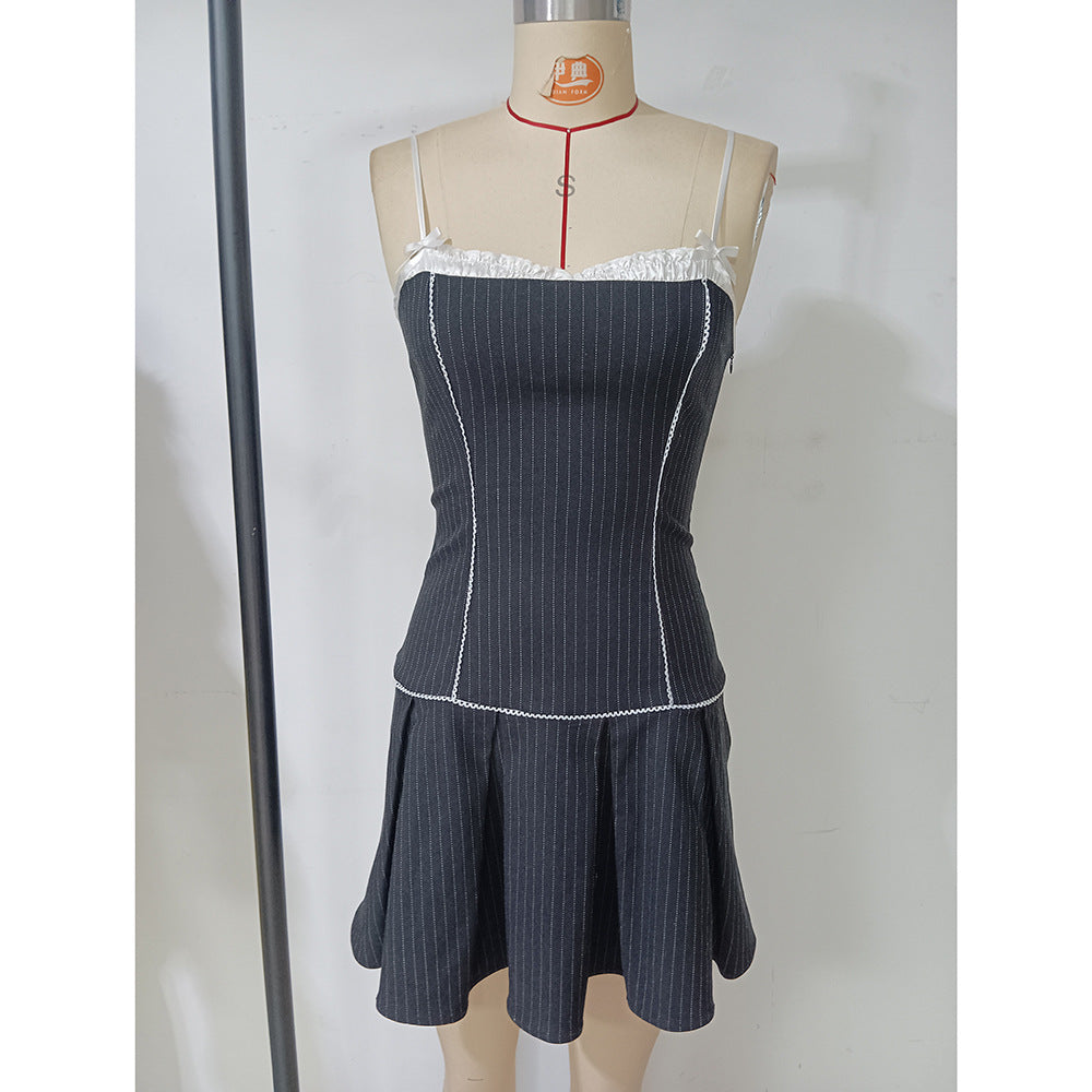 Women Summer Retro Striped Contrast Casual Suspender Dress 8