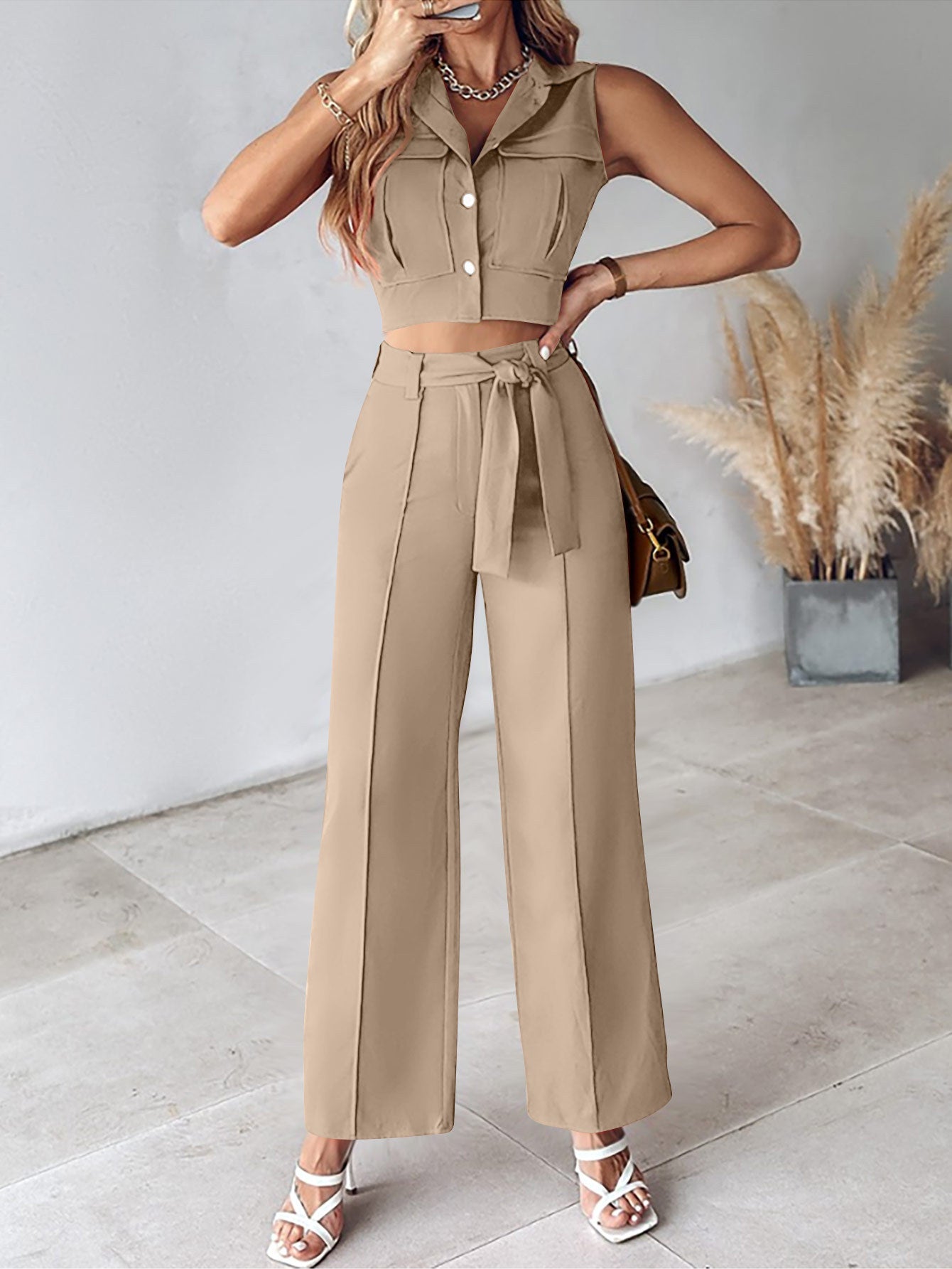 Women Casual Turndown Collar Vest and Pants Two Piece Set 5