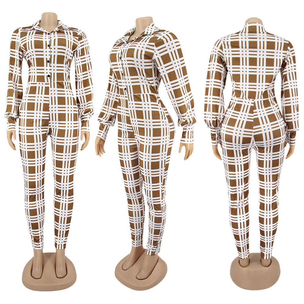 Fashionable Spring Turndown Collar Slim Puff Sleeve Women's Plaid Print Jumpsuit 6