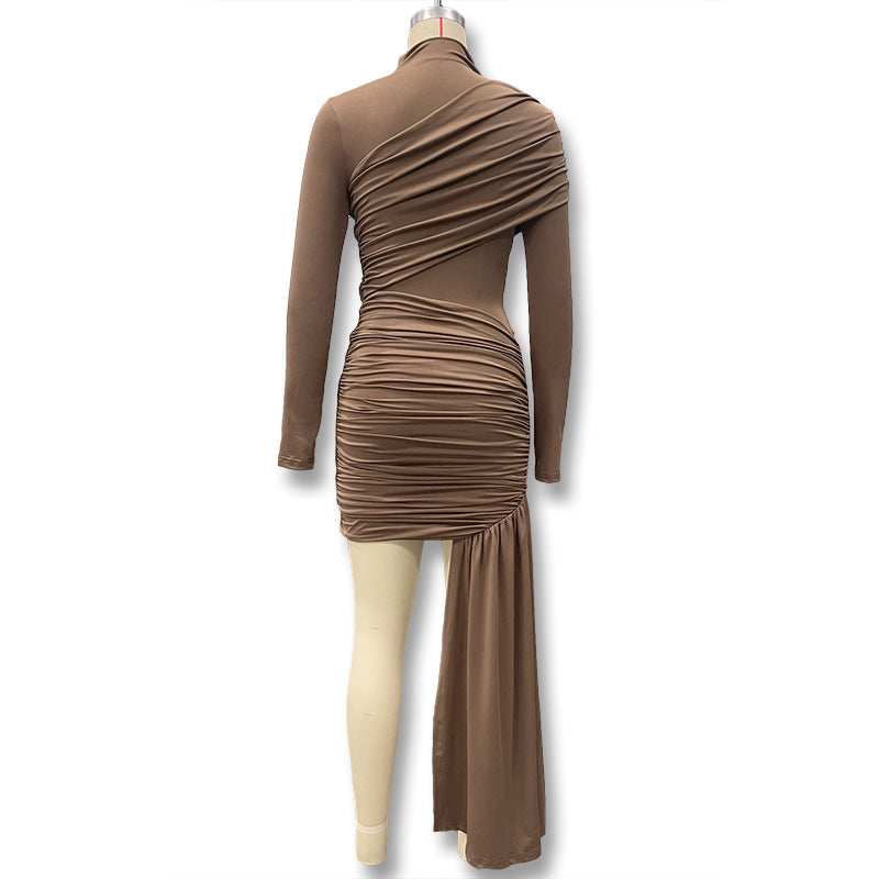 Women's Autumn Fashion Slim Fit Round Neck Long Sleeve Shirred Bodycon Irregular Ribbon Dress 27