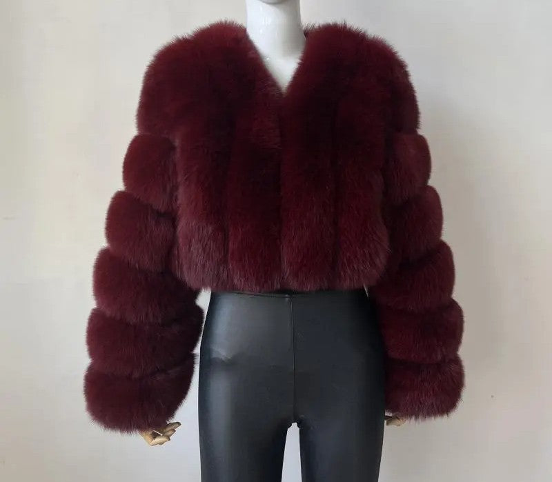 Women Winter Warm Patchwork Crop Long Sleeve Faux Fur Jacket 37