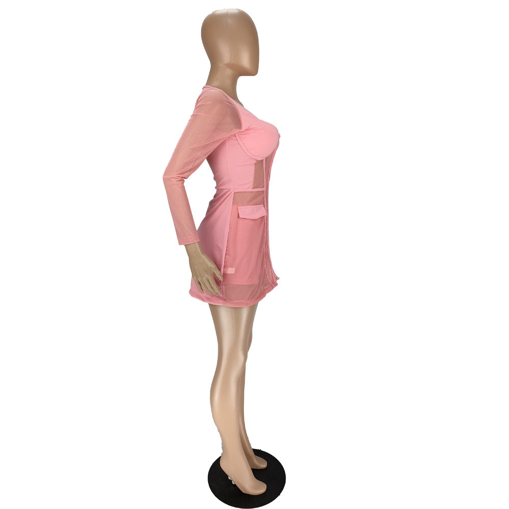 Women Mesh See-Through Patchwork Zipper Top and Shorts Two-piece Set 18