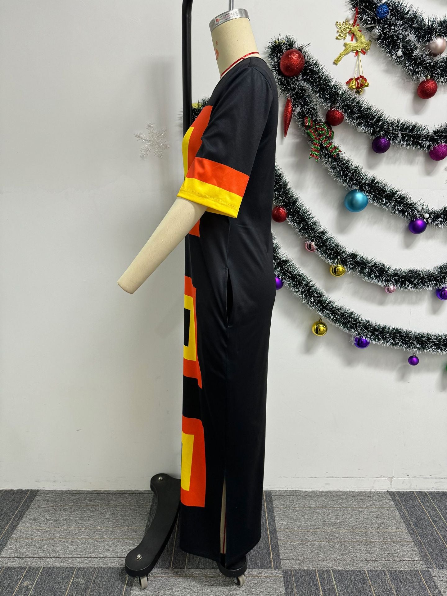 Contrasting Printed Side Slit Loose Long Dress 7