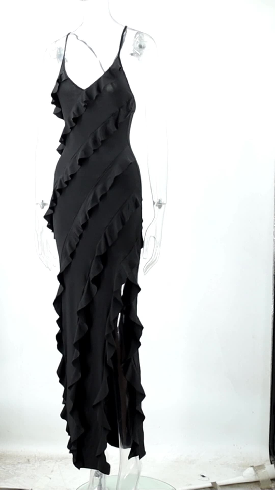 Summer Women's Sexy V-Neck strap Ruffle Slit Low Back Dress 10