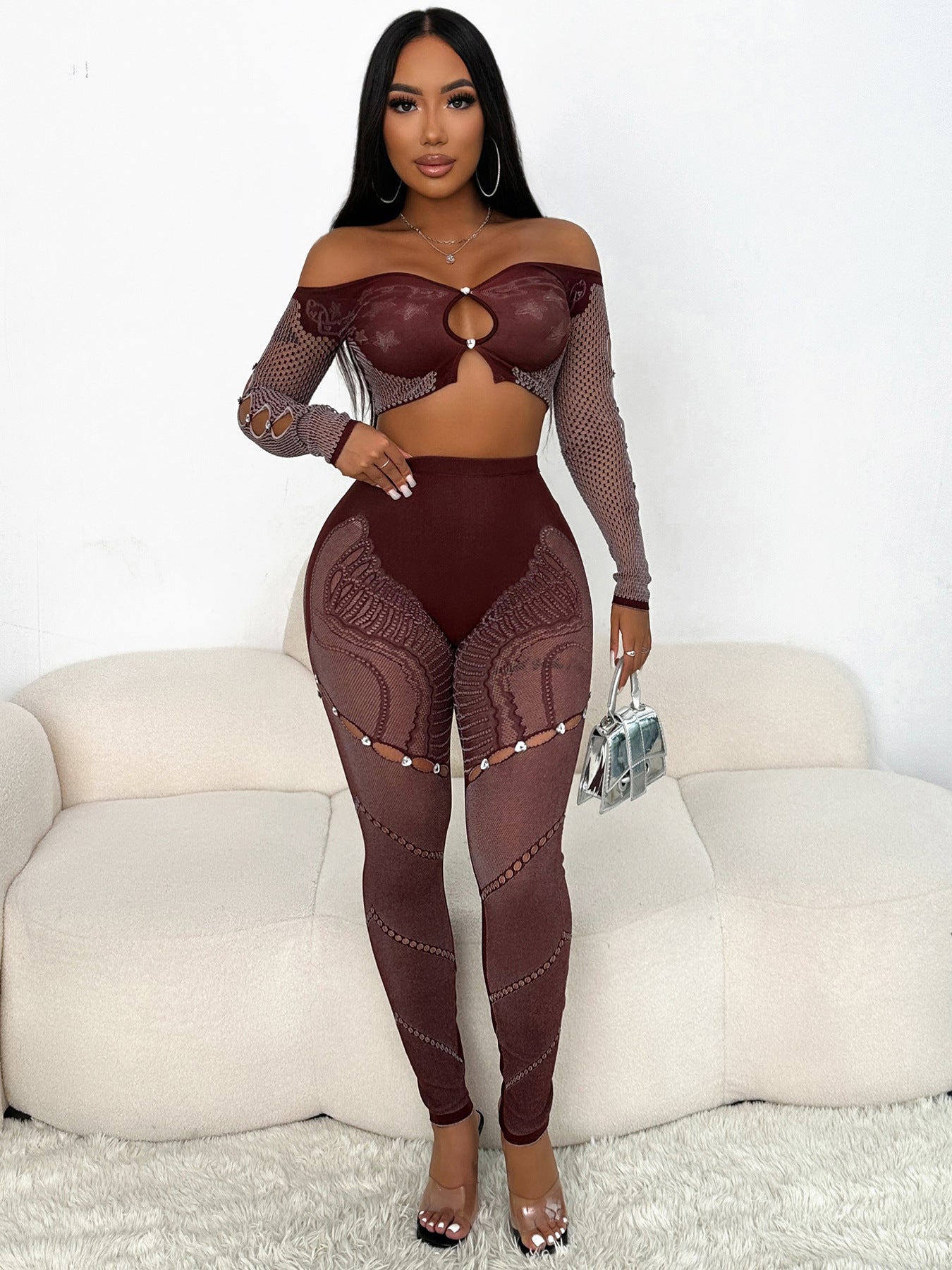 Women Fall Long Sleeve Crop Top Sexy Hollow Pants Two-Piece Set 4