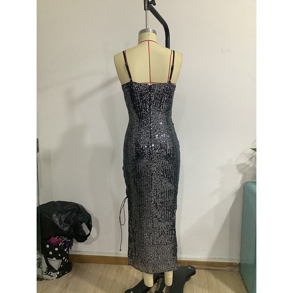 Spring And Autumn Fashion Sexy Dress Hollow Lace-Up Sequin Slim Fit Suspender Dress 11
