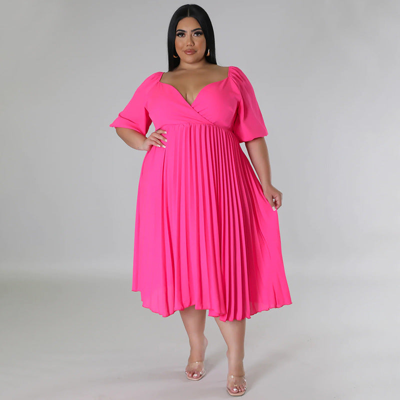 Women's V Neck Hem Pleated Short Sleeves Plus Size Dress 8