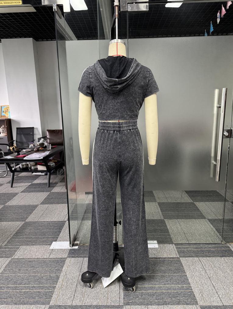 Sexy Casual Elastic Hooded Short Sleeve Two-Piece Pants Set 12