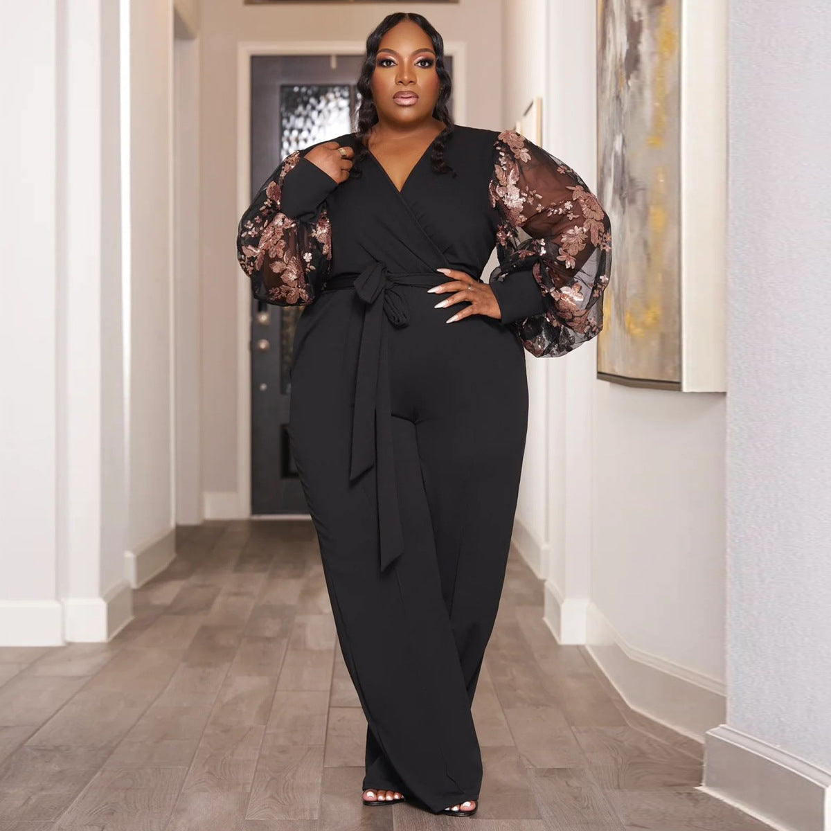 Plus Size Women Summer Mesh Puff Sleeve Wide Leg Jumpsuit