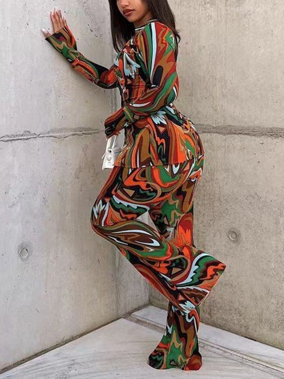 Autumn deep V suit female sexy printed shirt wide-leg pants fashion casual two-piece set 4