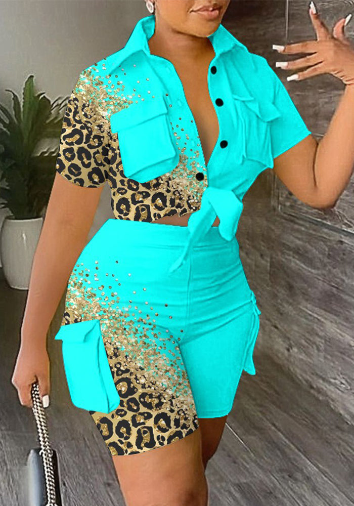 Women Summer Turndwon Collar Pocket Top And Print Shorts Two-Piece Set