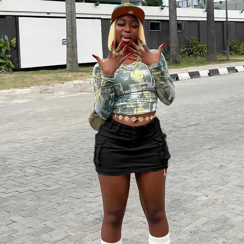 High-Waist Cargo Pocket Bodycon Mini Skirt