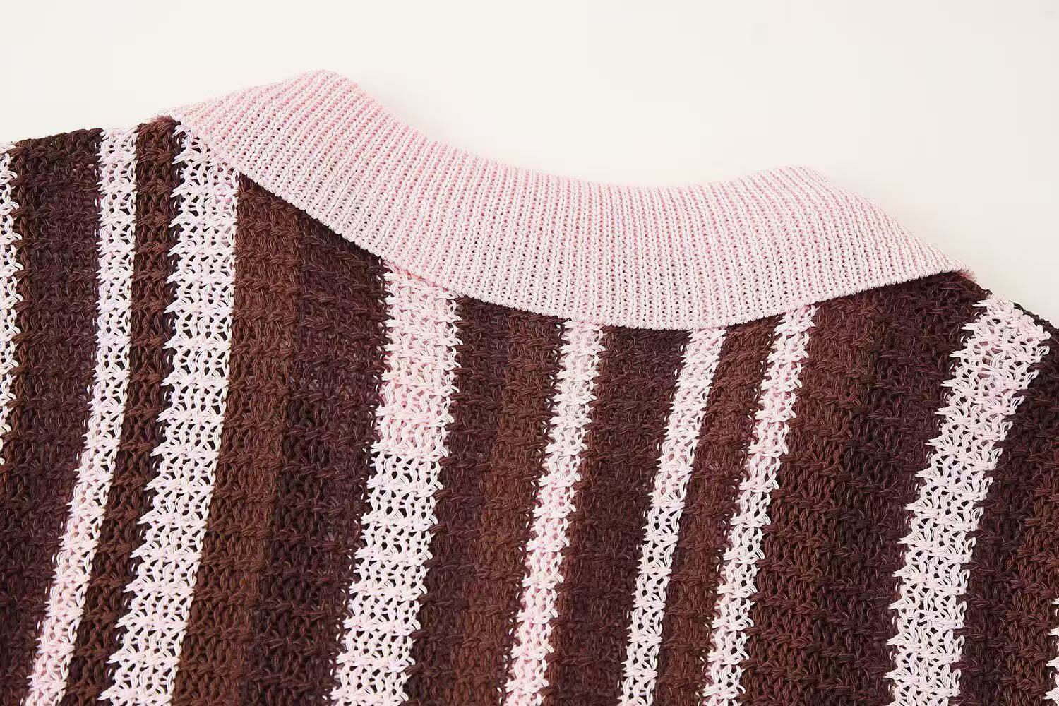 Fashion Striped Turndown Collar Short-Sleeve Top & Shorts Knit Set 16