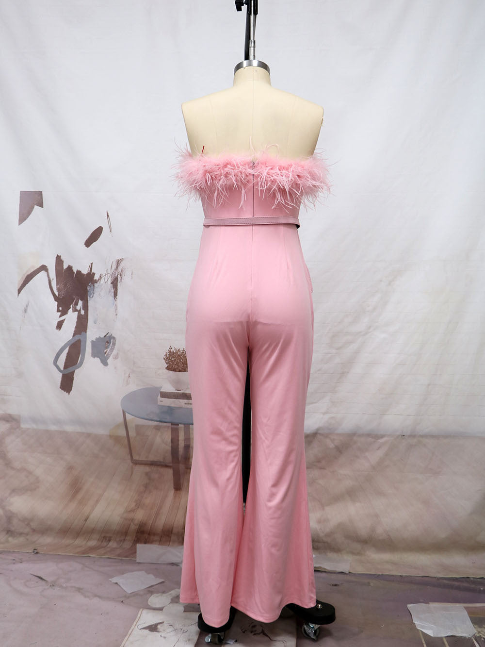 Women's Strapless Fur Belted Slim Jumpsuit 7