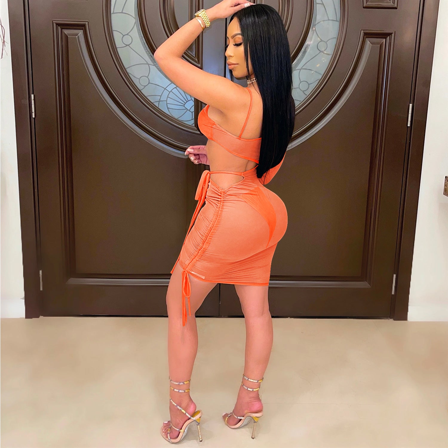 Women mesh See-Through hollow lace-up single-sleeve dress 4