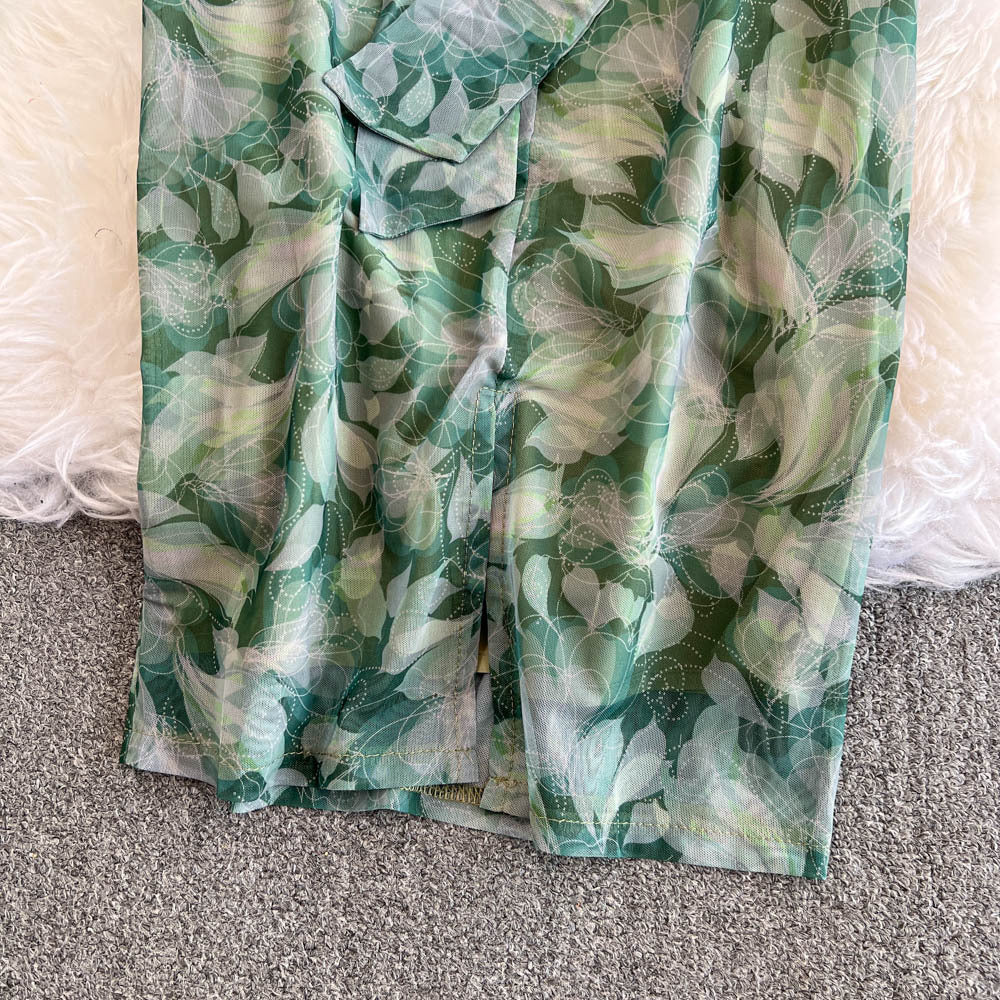 Women French Style Long-Sleeved V-Neck Lace-Up Maxi Print Bodycon Dress 23