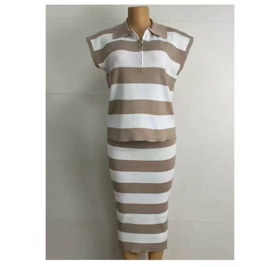 Trendy Striped Long-Sleeve Knit Sweater & High-Waist Bodycon Skirt Set 6