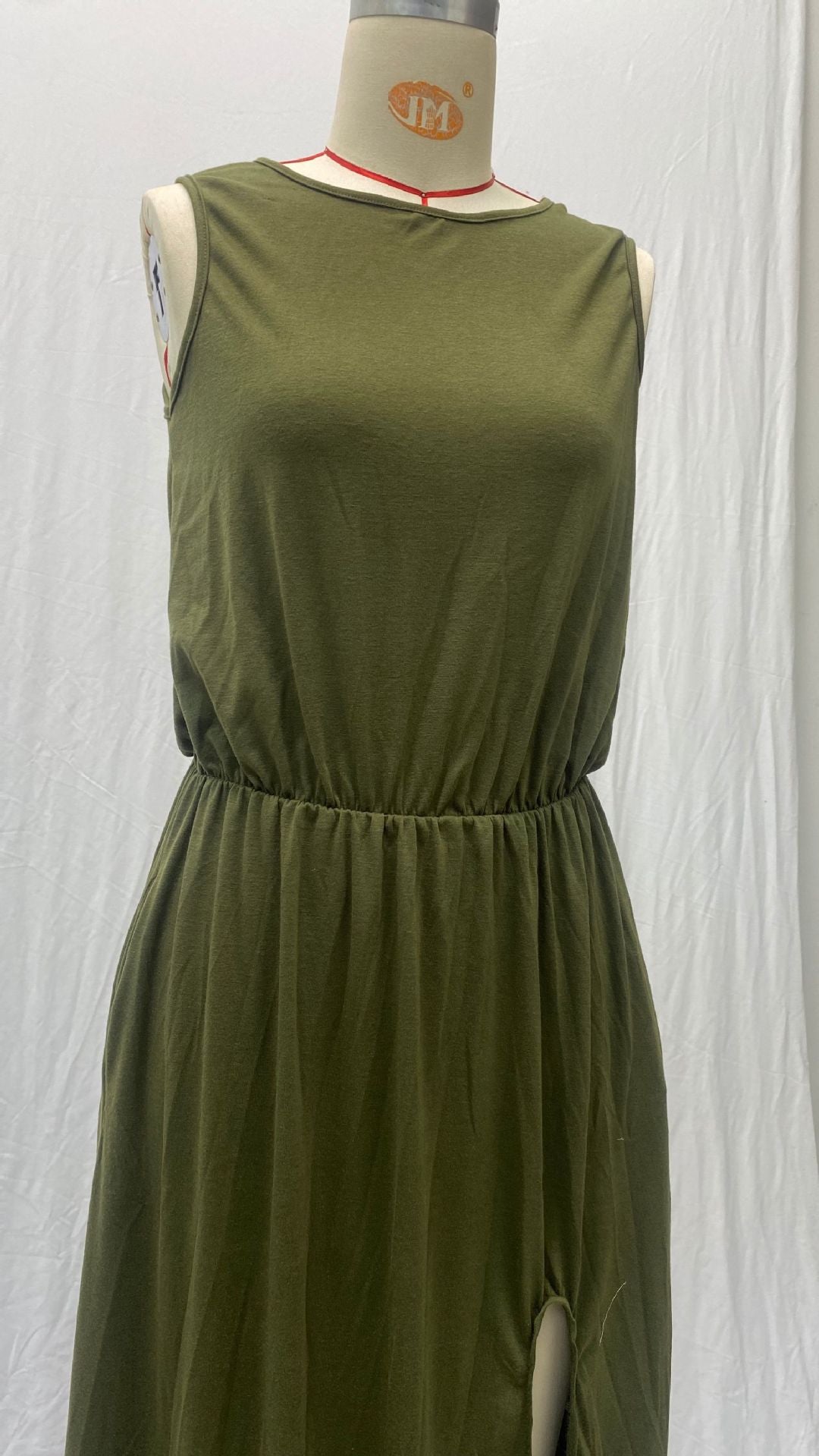 Summer Women's Trendy Retro Round Neck Sleeveless Slit Solid Color Casual Dress 22