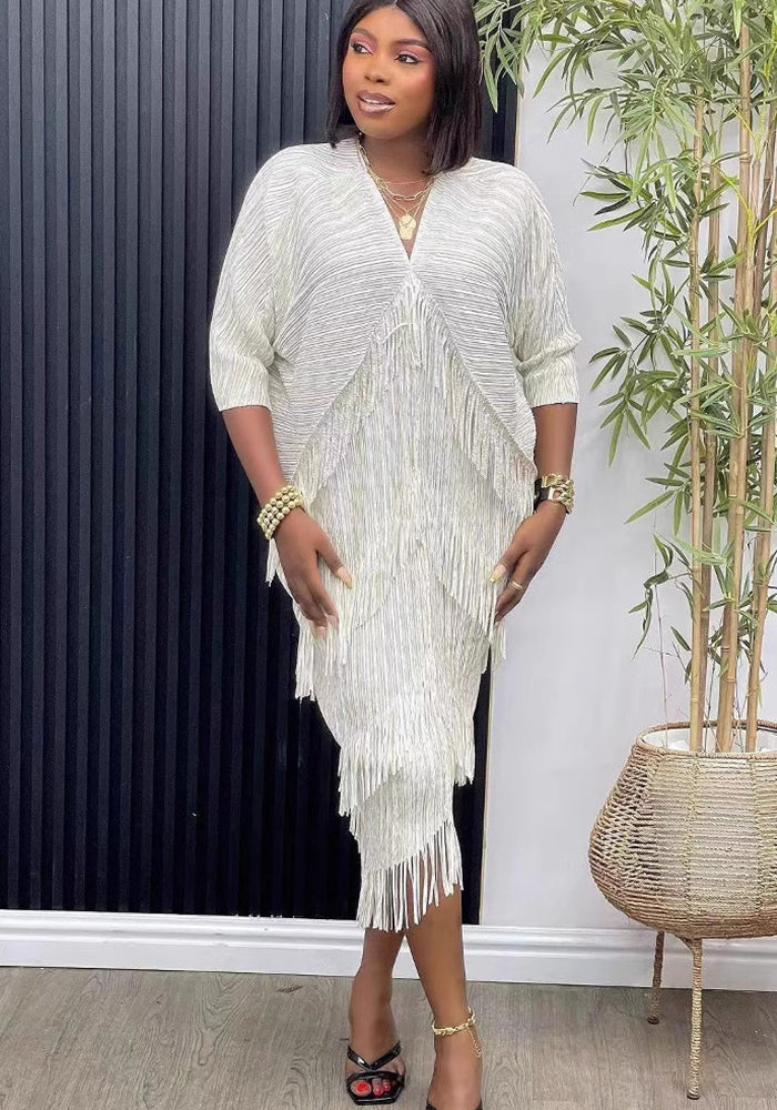 Plus Size African Women v-neck Bat Sleeves Shiny tassel elegant dress