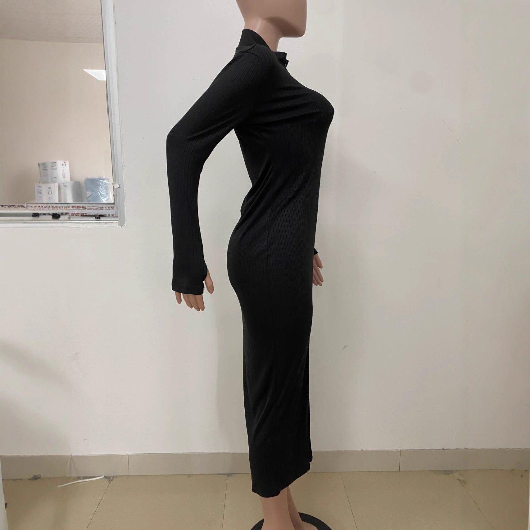 Women Ribbed Thumb-Button Long-Sleeved Sexy Zipper Dress 6
